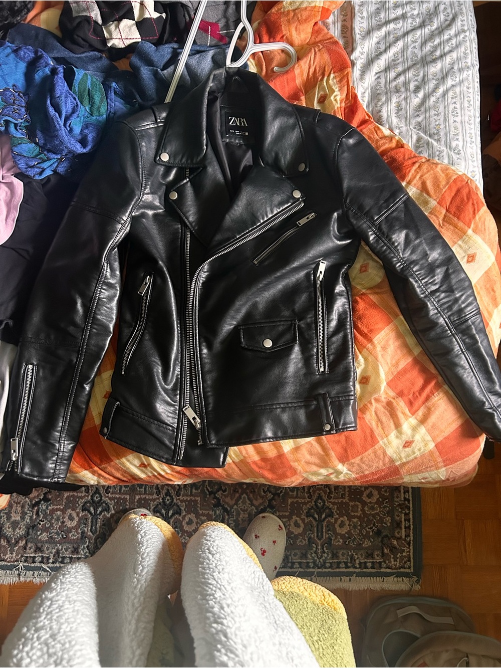 Zara Black Faux Leather Biker Jacket with Silver Hardware